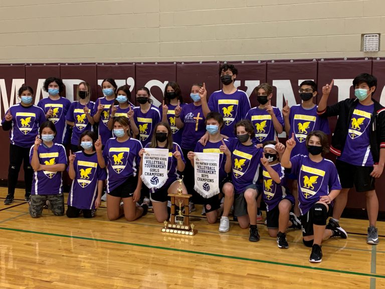 Holy Cross teams with title banners