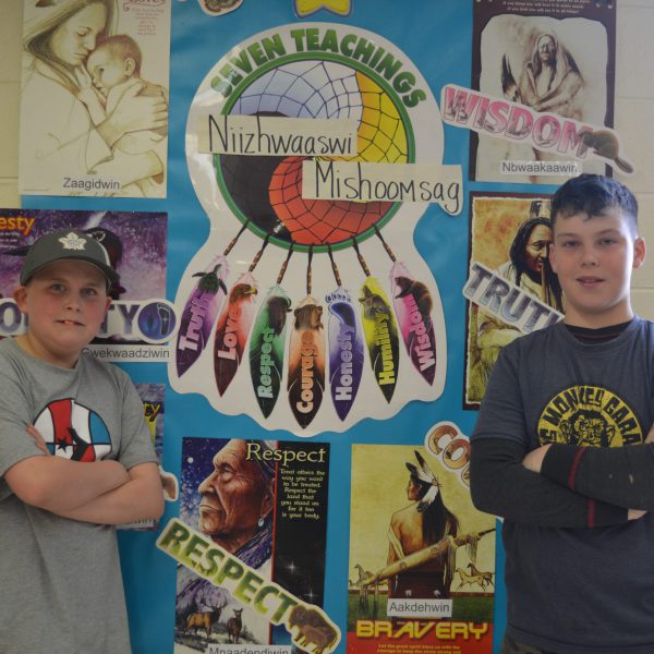Two students stand in front of Indigenous posters