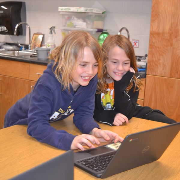 Two students lauge as they use computer