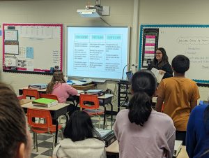 Mrs. Slukysnky talks to parents about student expectations