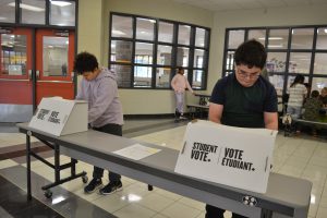 Two students filling out their ballots