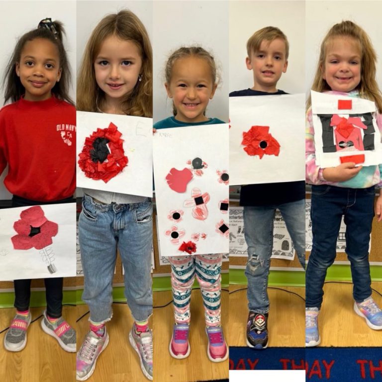 A montage of photos of students showing Remembrance Day poppy art