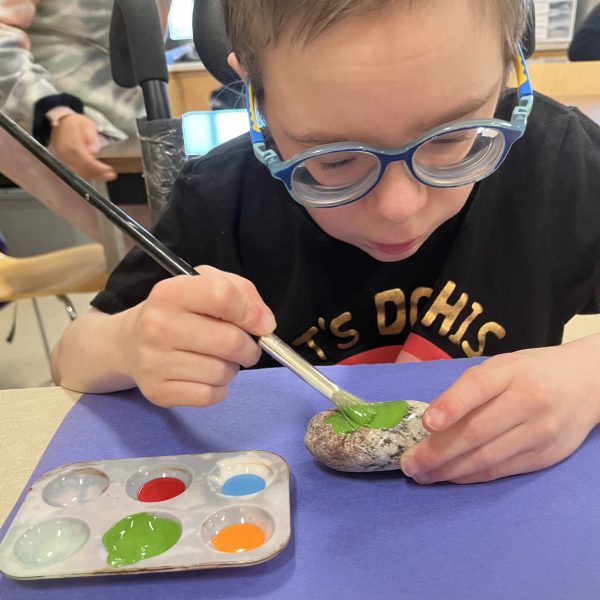 Primary student painting a rock