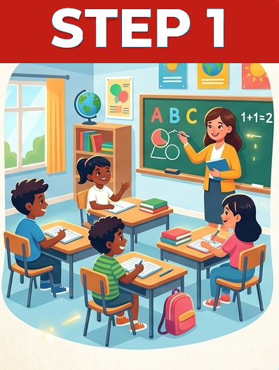 An illustration with a large red number "1" in the top left. A female teacher sits on the floor, smiling and reading from a red book to four young children.