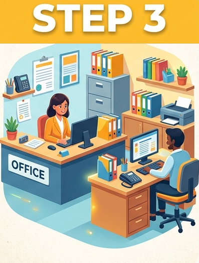 An illustration with a large yellow number "3" in the top left. Two office professionals are working at a desk with laptops. A woman sits in a red office chair, pointing at her screen, while a man in a tan blazer stands next to her wearing a headset and a name badge, gesturing as he speaks.