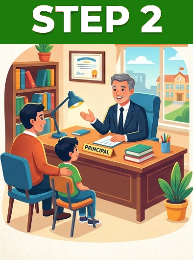 An illustration featuring a large light blue number "2" in the background. A tall man with a beard, wearing a light gray suit and black tie, stands with his hands in his pockets. He is flanked by two school children: a girl on the left holding a red backpack and a boy on the right holding a green book.